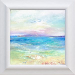 tranquil coastal painting framed Giclée print of the calm blue sea across The Bristol Channel to Wales