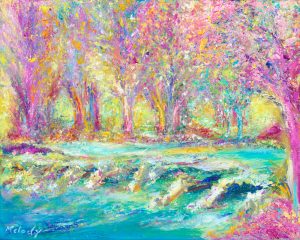 Pink Tarr Steps - a dazzling oil painting of an old clapper bridge over River Barle on Exmoor. The artist uses pink and other colors to create a magical scene.