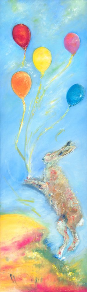 Can I Fly Too original oil painting on canvas for child bedroom of a hare dancing over the hills with balloons while trying to fly