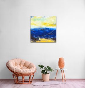 Crossing the Channel with Angels seascape painting in oil on canvas hanging on wall in living room