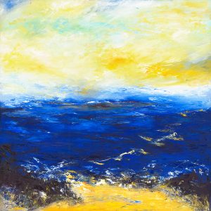 Crossing the Channel with Angels stormy seascape painting in oil on canvas with deep blue sea and yellow sky