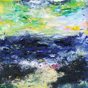 Emanuel crossing stormy seas with green sky an oil painting on canvas with 24ct gold leaf