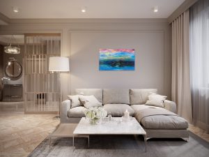 Glory Forever and Ever seascape and sunset painting in oil on canvas with 24ct gold leaf hanging in living room over settee