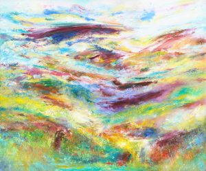 Journey Over Exmoor, large colourful landscape painting of hills and coombes of Exmoor with lone traveler in the foreground