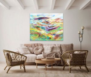 Journey Over Exmoor colourful landscape painting of hills and coombes of Exmoor hanging in lounge over settee
