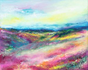 Love Exmoor colourful contemporary landscape painting on paper of the moorland in summer with gorse and heather