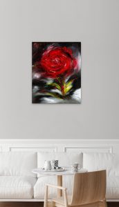Romance floral painting of a red rose on black and white background in oil on canvas hanging above coffee table