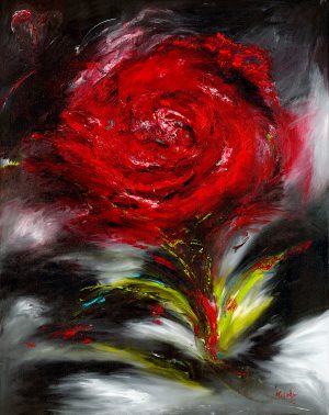 Romance floral painting of a red rose on black and white background in oil on canvas