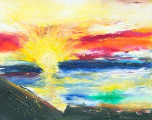 Sunset over the rooftops a colourful seascape oil painting of a red sunset looking towards Porlock Weir