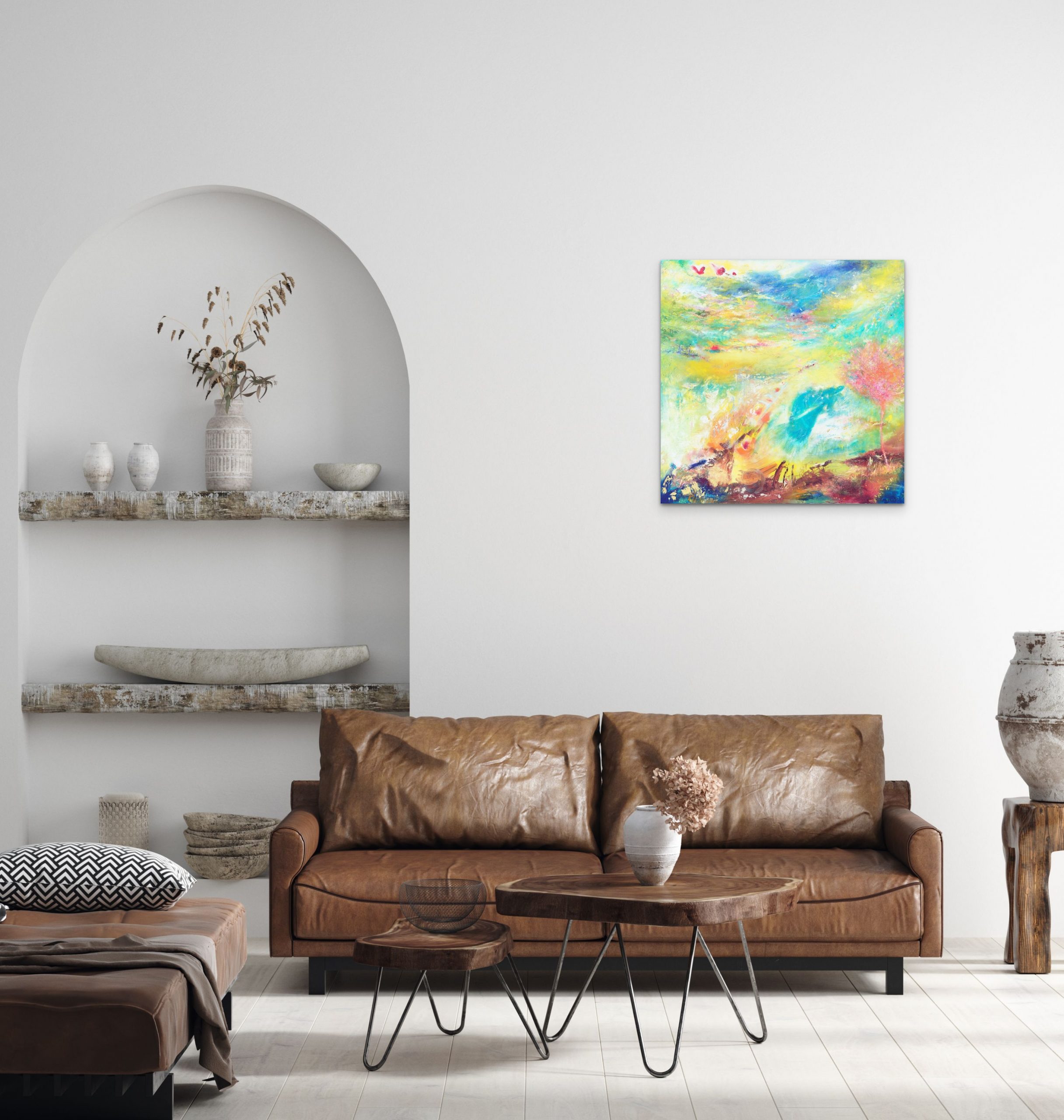 The Resurrection abstract art in the home above sofa a painting in oil on canvas of the journey heavenward an angel guides the lone traveller