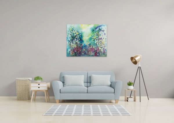 Valley of Vision landscape painting in oil on canvas with 24ct gold leaf hanging above sofa in modern lounge