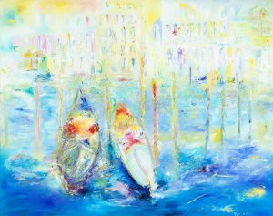 We Met In Venice and oil painting on canvas of two Gondolas near Rialto Bridge in Venice