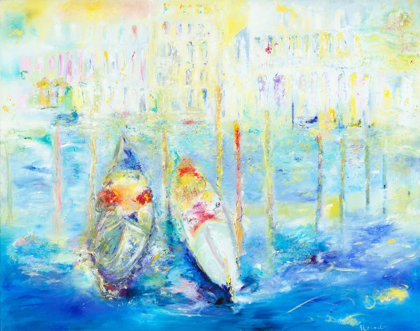 We Met In Venice and oil painting on canvas of two Gondolas near Rialto Bridge in Venice