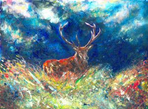 A Fathers Love - Painting of Red Stag on Exmoor with a full set of antlers during the rutting deer