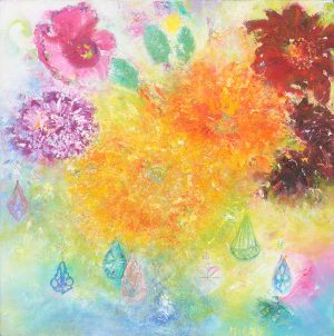 Hidden For A Little While oil painting of flowers with colours and gems inspired by Murano Glass