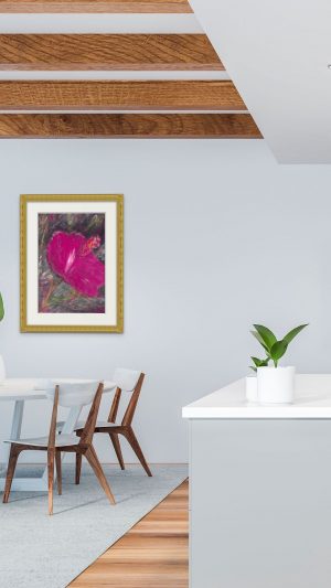 His Passion For Me - painting in oil on paper of a red Amaryllis in flower in frame above dining table