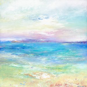 tranquil coastal painting of the calm blue sea across The Bristol Channel to Wales