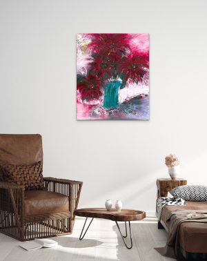 Love Mum is an oil painting on canvas to honour our Mums, the rich red flowers are in a green vase hanging in a living room