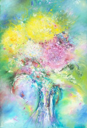 Overflowing abstract painting of flowers in oil on canvas