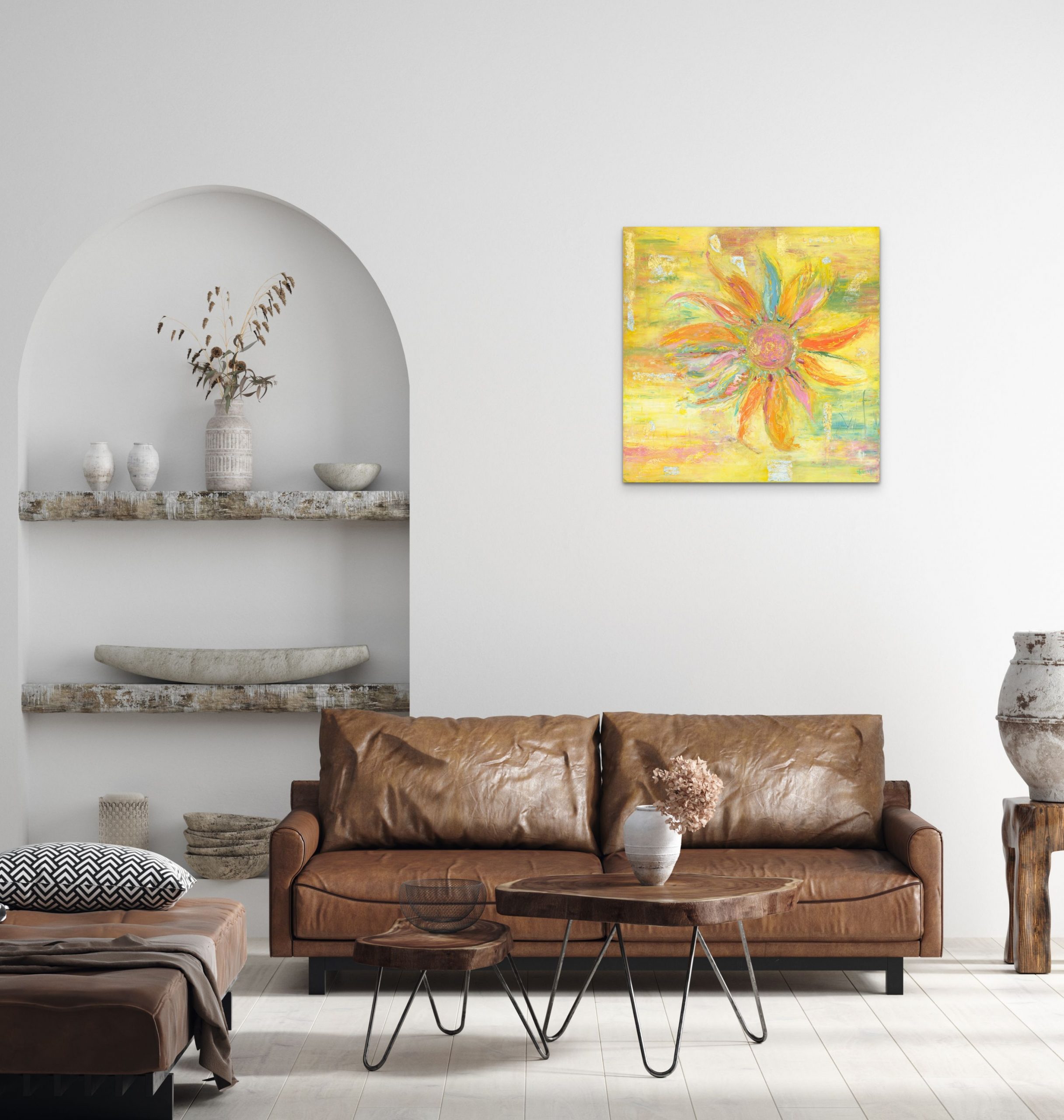 Thank You original sunflower painting in oil on canvas with gold leaf hanging in living room above sofa