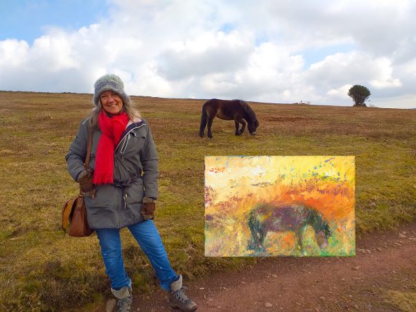 Exmoor Pony painting in oil on canvas. Melody seen with her painting with Exmoor Pony posing on hills above Porlock