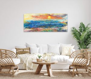 Cornish Memories a sunset and seascape painting in oil on canvas in colourful contemporary style in your home