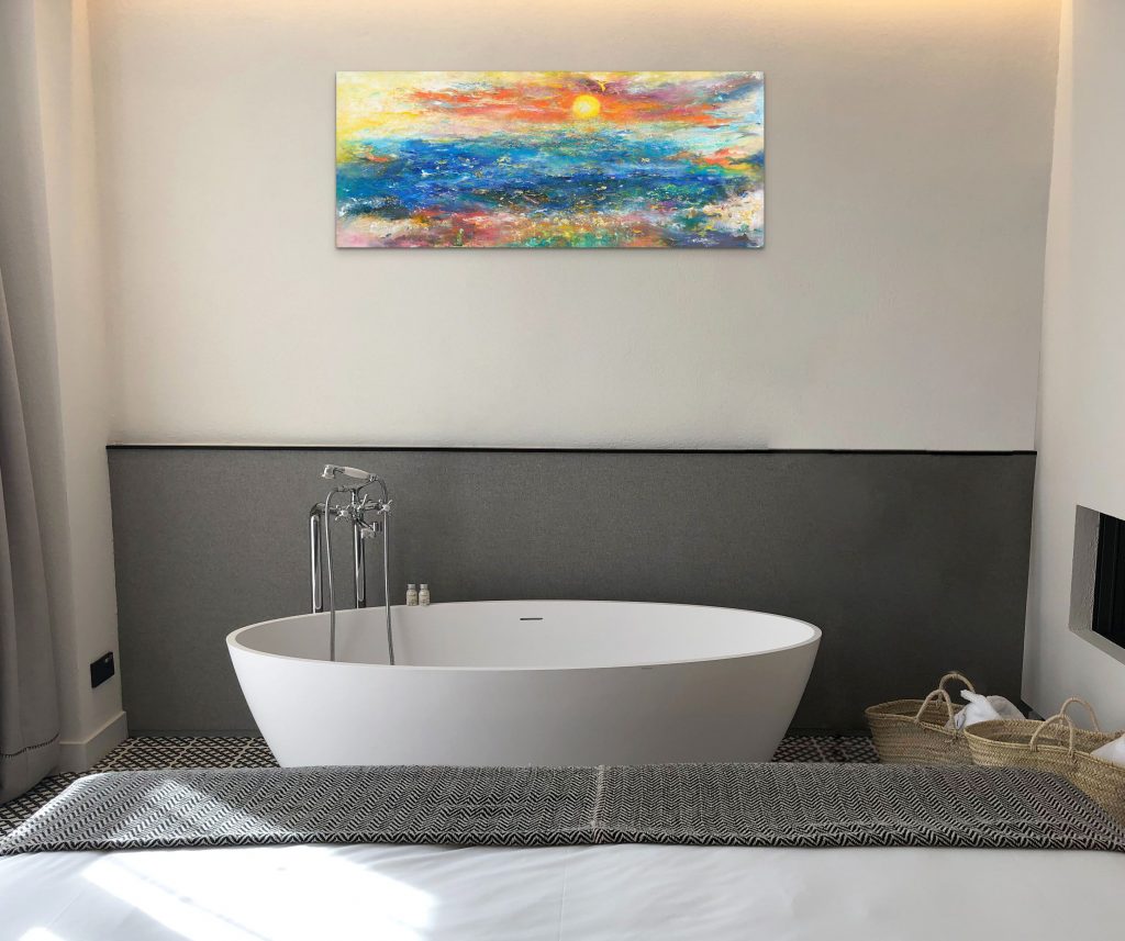 Cornish Memories a sunset and seascape painting in oil on canvas in colourful contemporary style in your bathroom