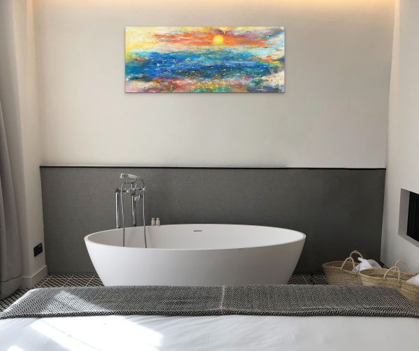 Cornish Memories a sunset and seascape painting in oil on canvas in colourful contemporary style in your bathroom