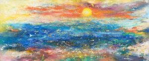 Cornish Memories a sunset and seascape painting in oil on canvas in colourful contemporary style