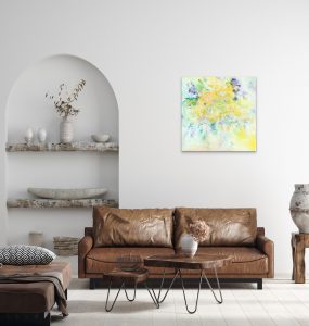 A New Day Original Flower Painting in lounge above leather sofa with coffee table and vase