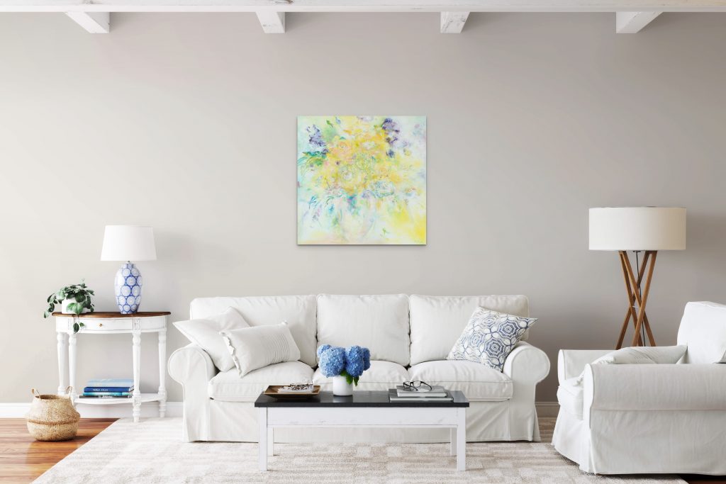 A New Day Original Flower Painting in lounge above sofa with coffee table and lamp