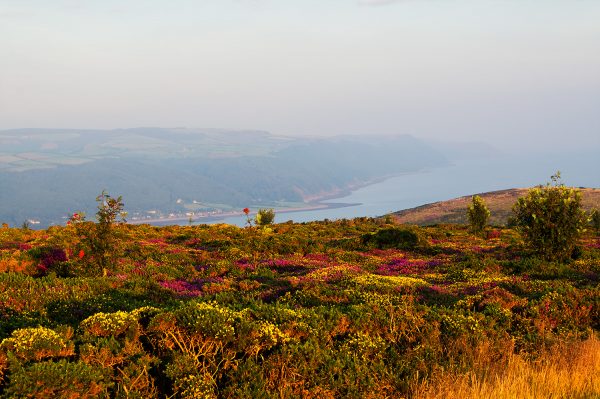 Sunrise or golden hour photograph of Porlock Weir from Selworthy Beacon in Exmoor National Park