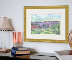 a breathtaking landscape painting, with rich purple heathers so evocative of Exmoor, shown in gold frame