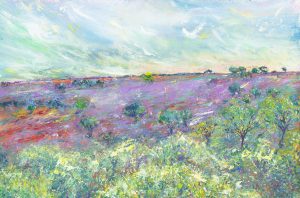 a breathtaking landscape painting, with rich purple heathers so evocative of Exmoor, set in the hills near Tarr Steps, by talented artist Melody