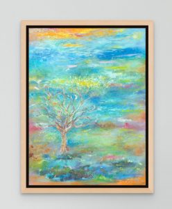 The Listening Tree - Vibrant oil painting of the iconic tree on Porlock Marsh, displayed in float frame