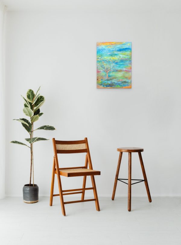 The Listening Tree - Vibrant oil painting of the iconic tree on Porlock Marsh, displayed above a chair and plant.