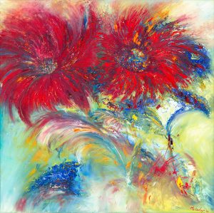 stunning abstract painting capturing the essence of floral beauty with its vivid red blooms and dynamic brush strokes