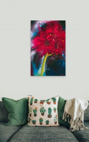 Victory, amaryllis, painted in vibrant red hues with dark, abstract background above sofa
