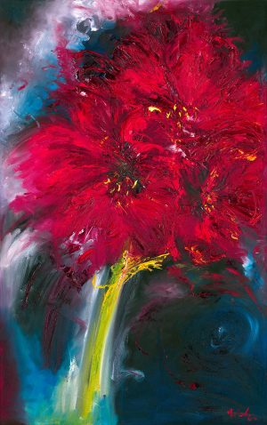 Victory, an Amaryllis, painted in vibrant red hues, stands out against the dark, abstract background, creating a striking visual contrast